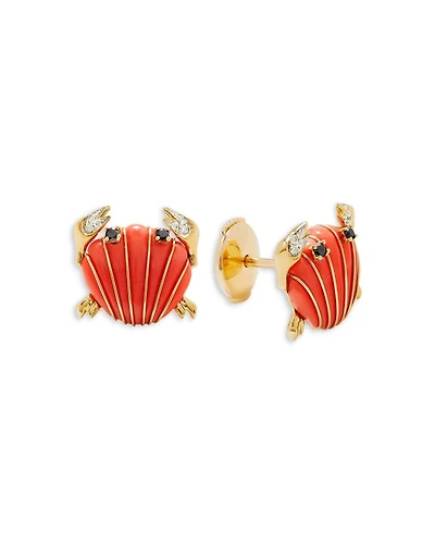 9K Yellow Gold Paire de Puces Crabe Coquillage Corail Coral & Multicolor Diamond Crab Stud Earrings