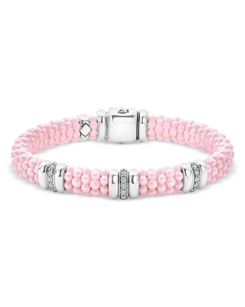 Sterling Silver Pink Caviar Diamond Station Ceramic Bead Bracelet