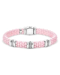 Sterling Silver Pink Caviar Diamond Station Ceramic Bead Bracelet