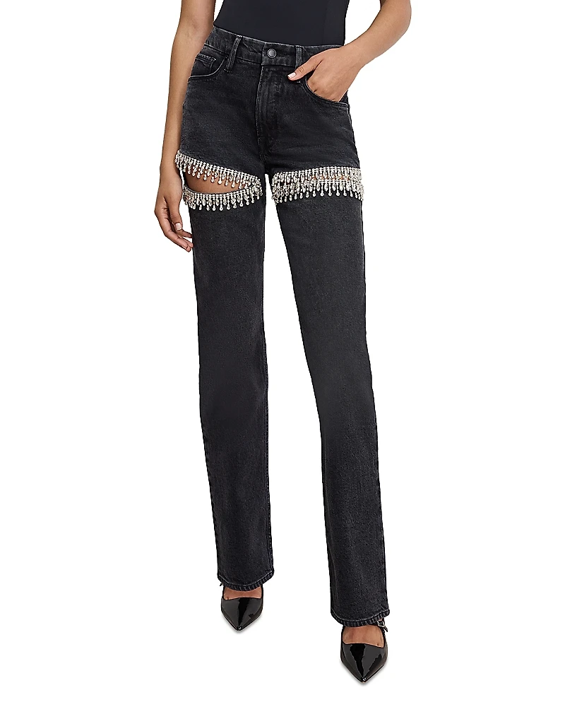 Good American Icon High Rise Straight Rhinestone Cutout Jeans