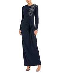 Mac Duggal Jersey Long Sleeve Fitted Gown with 3D Flowers