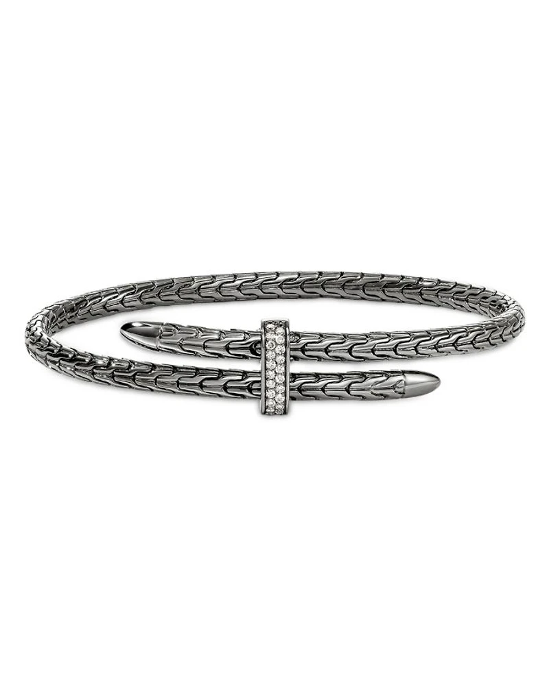 Sterling Silver Spear Diamond Pavé Flex Bypass Cuff Bracelet