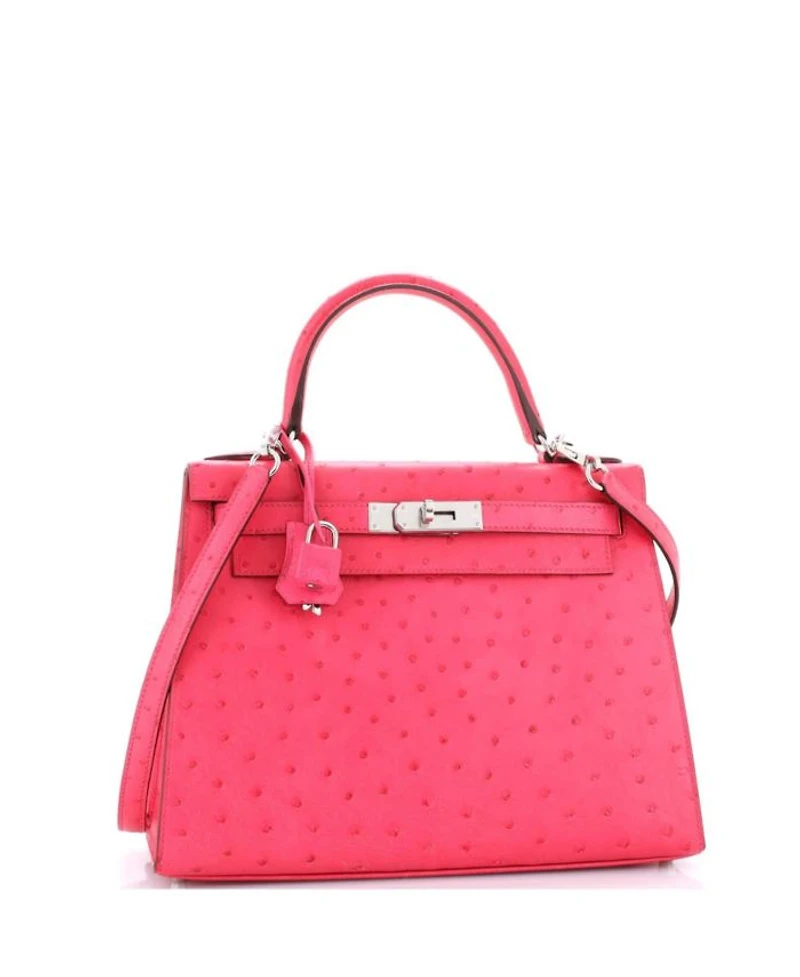 Pre-Owned HERMES Pre-Owned Hermes Kelly 28 Handbag Pink Ostrich with Palladium Hardware