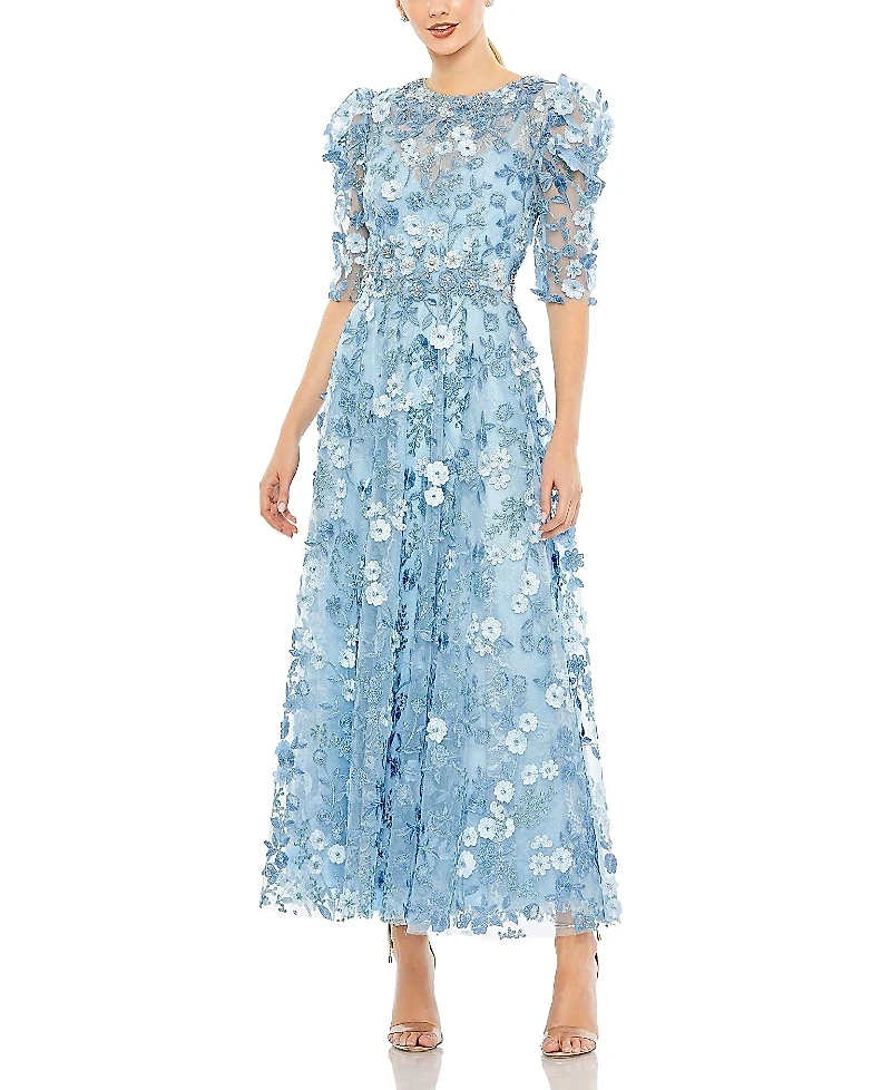 Mac Duggal Applique High Neck Puff Sleeve A Line Dress