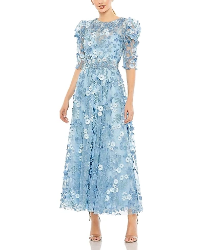 Mac Duggal Applique High Neck Puff Sleeve A Line Dress