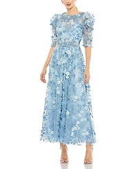 Mac Duggal Applique High Neck Puff Sleeve A Line Dress