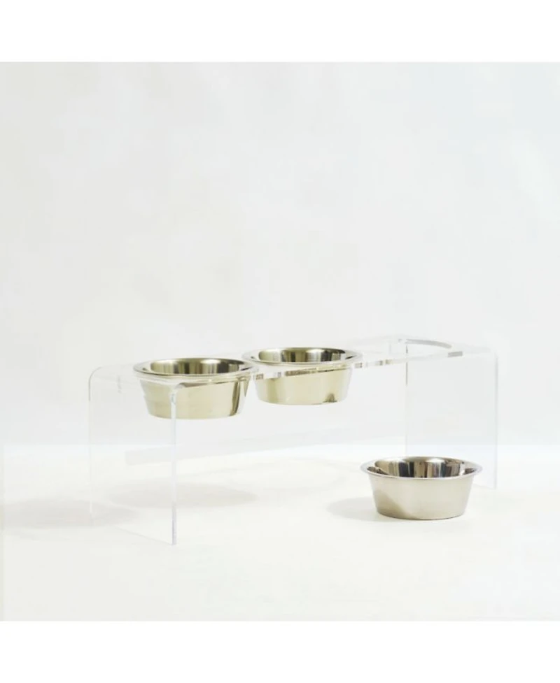 Tall Clear Triple Dog Bowl Feeder with 2 Quart Silver Bowls