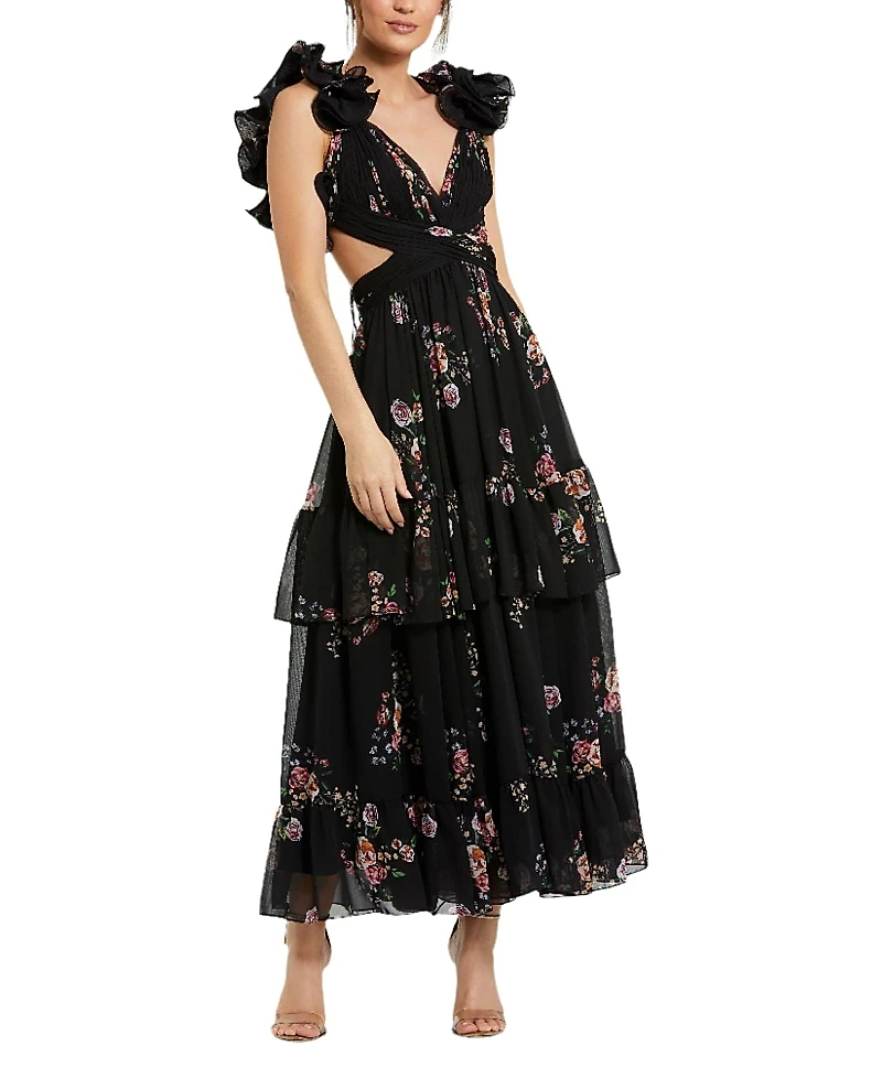 Mac Duggal Ruffle Tiered Cut-Out Floral Print Chiffon Dress