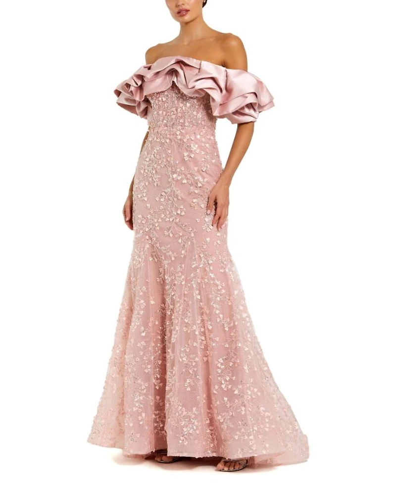 Beaded Applique Off the Shoulder Mermaid Gown