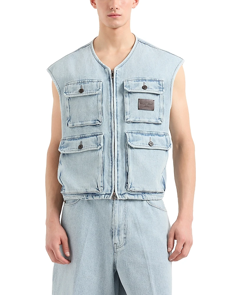 Emporio Armani Regular Fit Jacquard Denim Cargo Vest