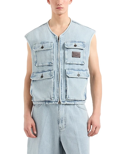 Emporio Armani Regular Fit Jacquard Denim Cargo Vest