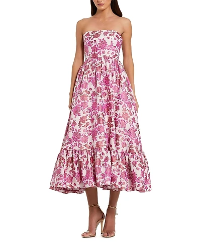Mac Duggal Floral Brocade Strapless A Line Midi Dress