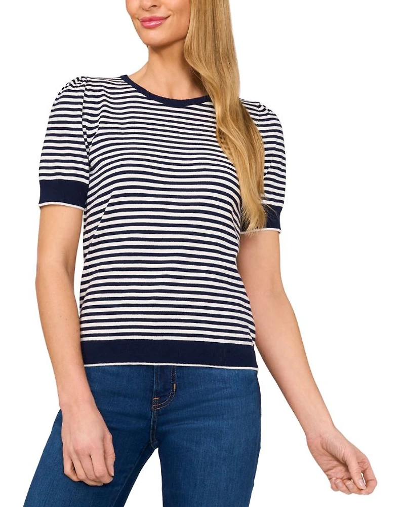 Tipped Puff Short Sleeve Striped Sweater
