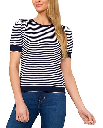 Tipped Puff Short Sleeve Striped Sweater