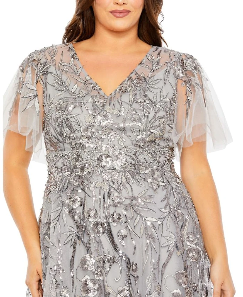 Plus High Neck Flutter Sleeve Embellished A-Line Gown