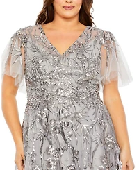 Plus High Neck Flutter Sleeve Embellished A-Line Gown
