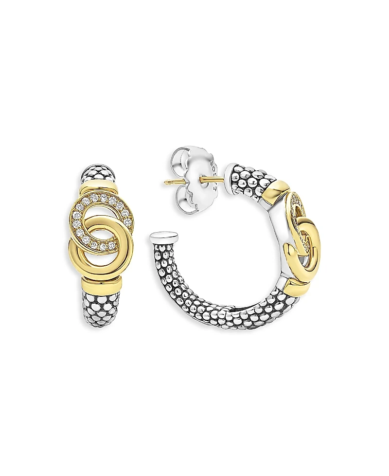 Lagos 18K Yellow Gold & Sterling Silver Signature Caviar Diamond Interlocking Hoop Earrings