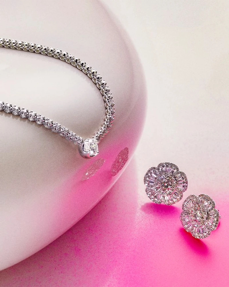 Diamond Round & Baguette Flower Stud Earrings in 14K White Gold