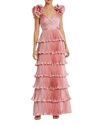 Mac Duggal Pleated Charmeuse Tiered Gown with Ruffle Straps