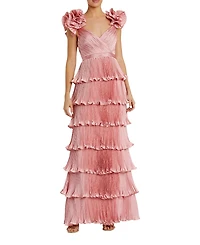 Mac Duggal Pleated Charmeuse Tiered Gown with Ruffle Straps