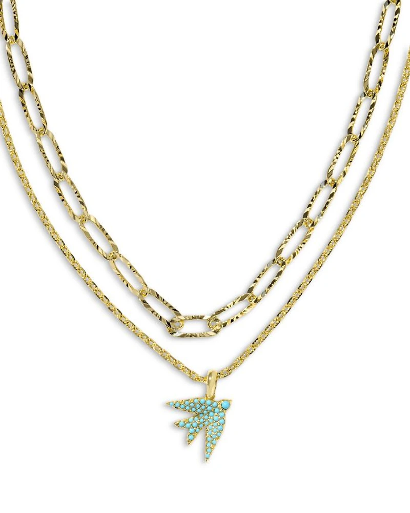 Melody Blue Cabochon Pavé Bird Layered Pendant Necklace, 15.5"-18.5"