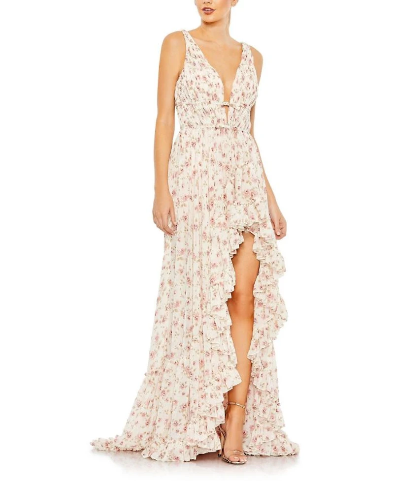 Floral Print Sleeveless Ruffled High-Low Gown