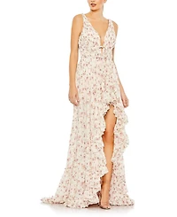 Floral Print Sleeveless Ruffled High-Low Gown