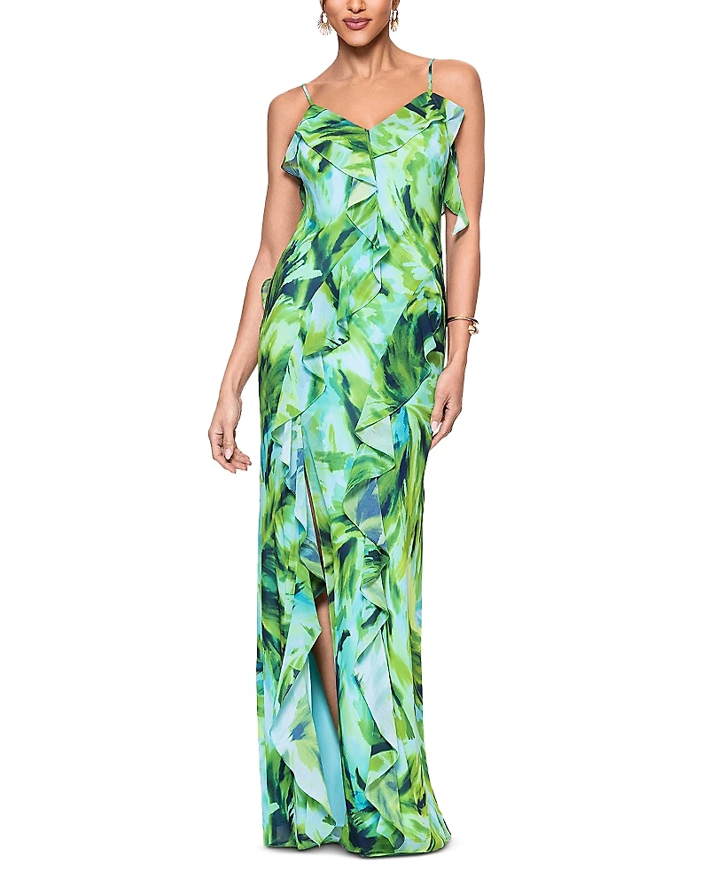 Aqua Printed Ruffle Chiffon Maxi Dress - Exclusive