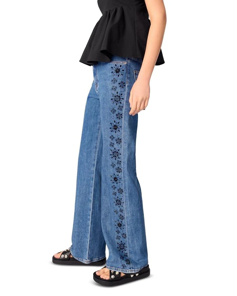 Embroidered Rhinestone High Rise Jeans Blue