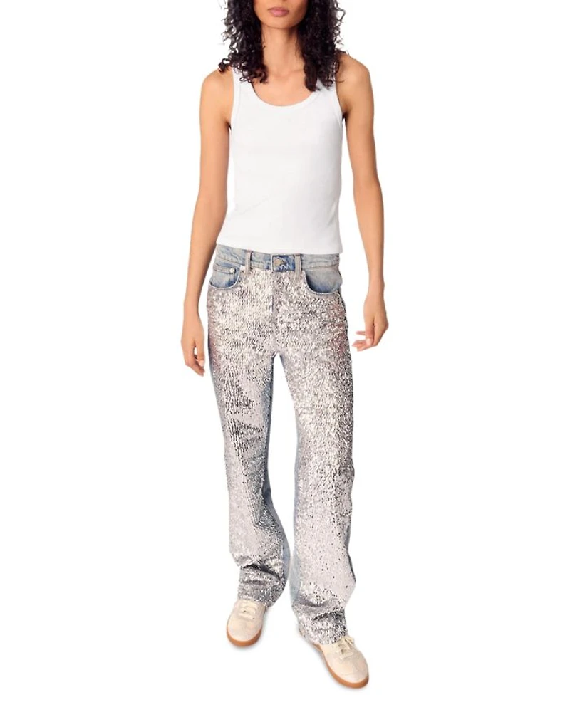 Sequined High Rise Straight Jeans Blue Sky