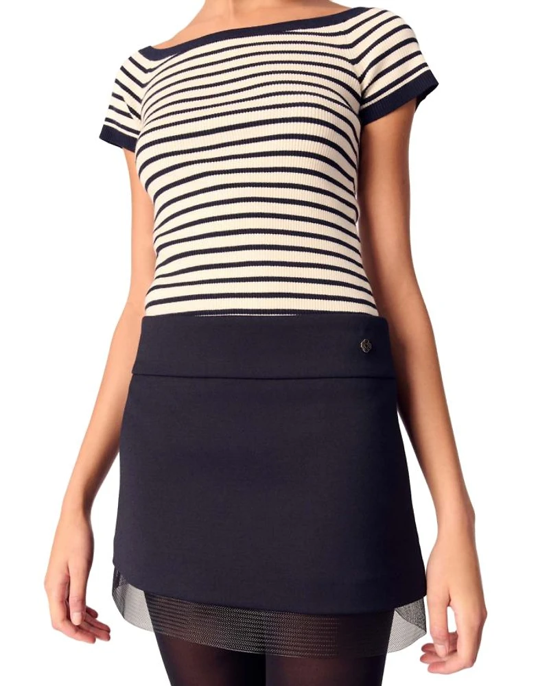 Tulle Trim Wool Blend Skirt