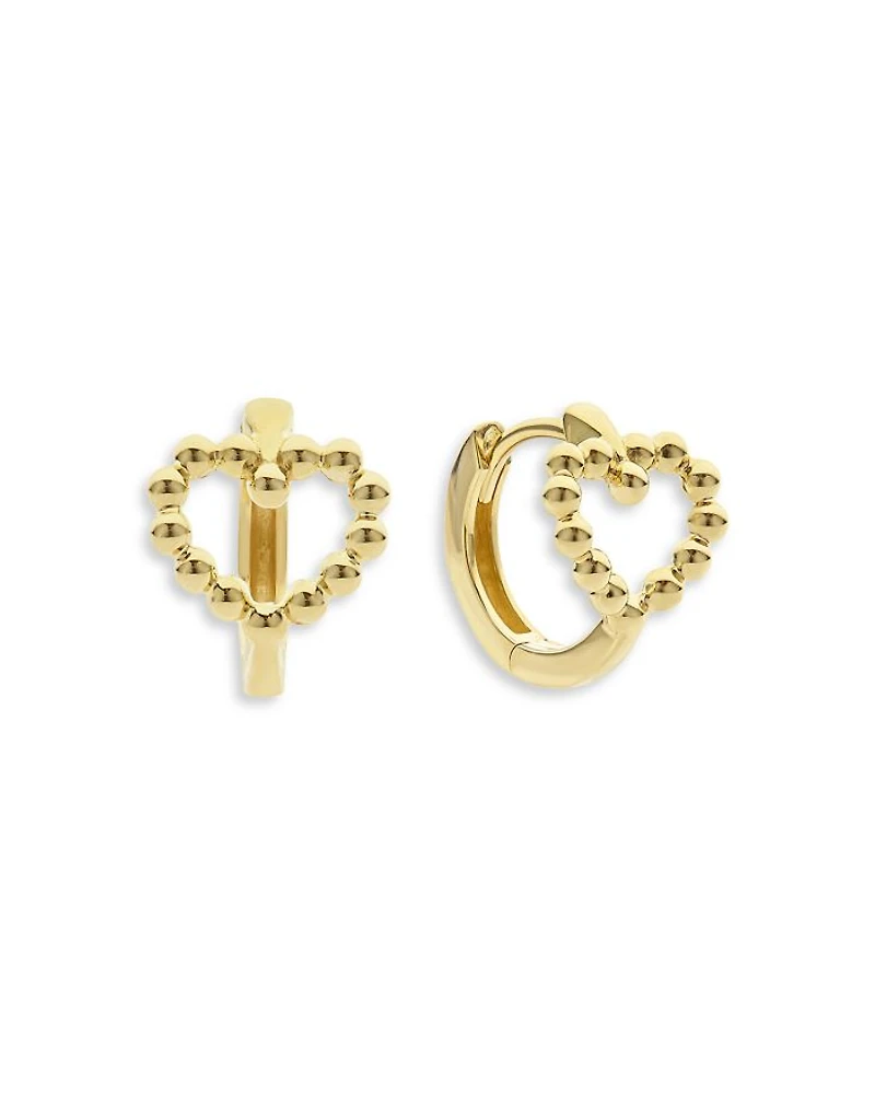 18K Yellow Gold Caviar Gold Beaded Heart Huggie Hoop Earrings