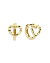 18K Yellow Gold Caviar Gold Beaded Heart Huggie Hoop Earrings