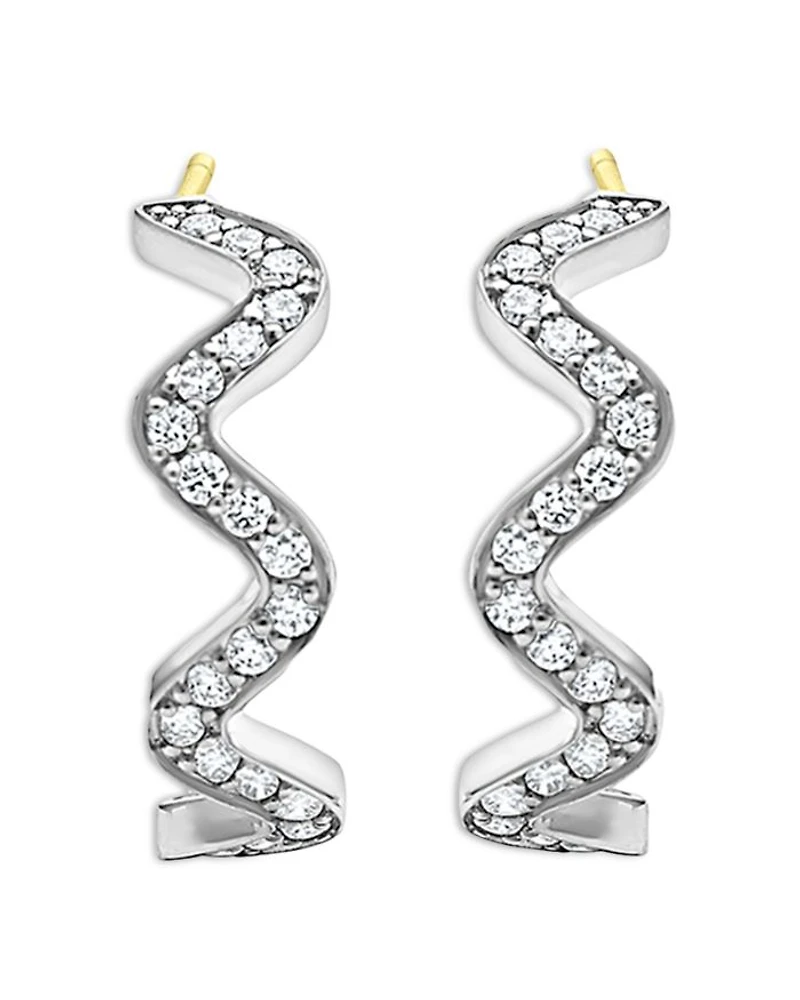 Sterling Silver Caviar Spark Diamond Wavy Huggie Hoop Earrings