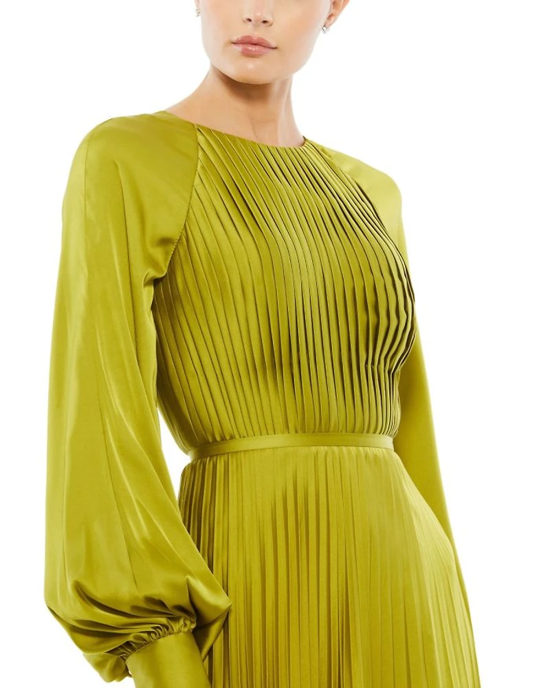 Pleated High Neck Raglan Long Sleeve Side Slit Gown