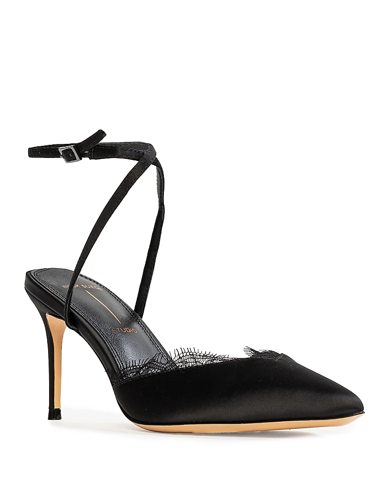 Black Suede Studio Women's Lacey Ankle Strap Pumps
