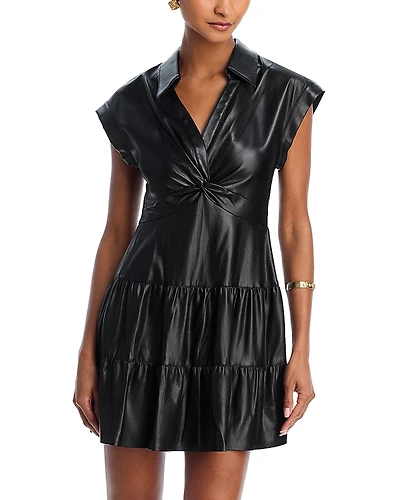 Alice and Olivia Mila Faux Leather Twist Front Cap Sleeve Dress