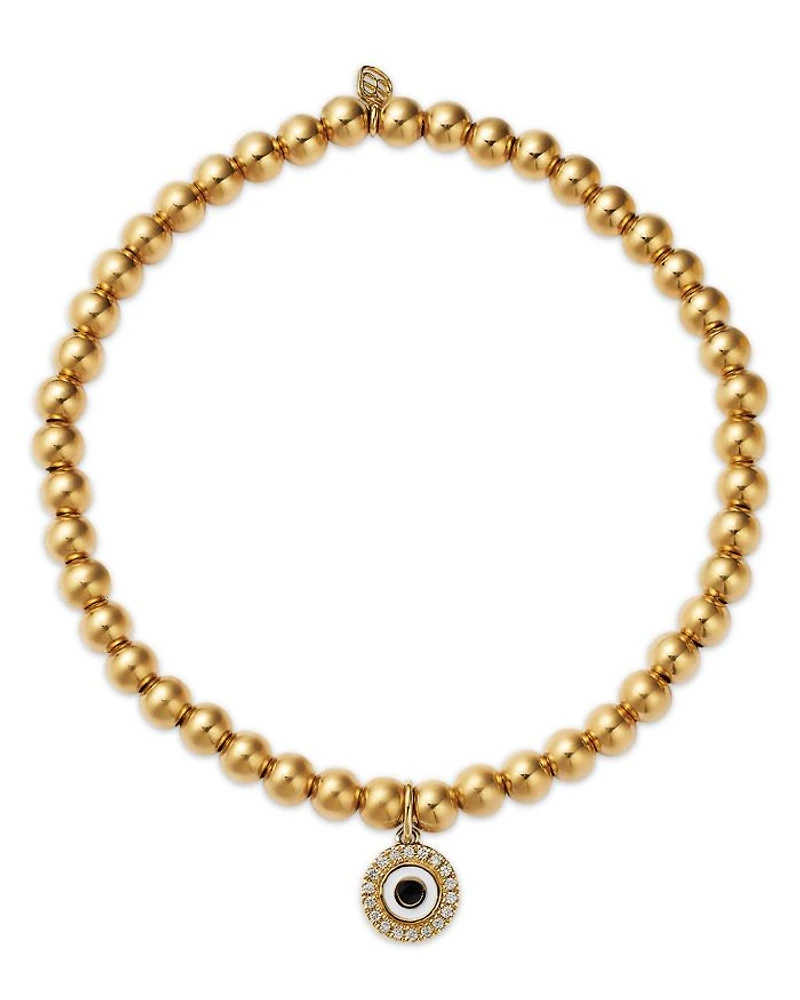 14K Yellow Gold Diamond Evil Eye Disc Charm Beaded Bracelet, 0.06 tcw