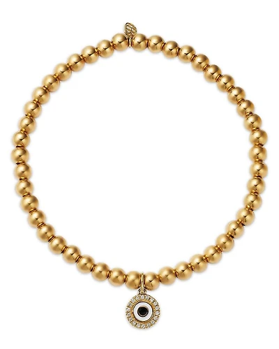 14K Yellow Gold Diamond Evil Eye Disc Charm Beaded Bracelet, 0.06 tcw