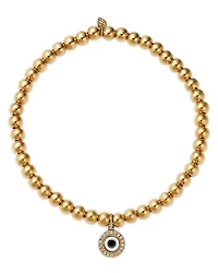 Sydney Evan 14K Yellow Gold Diamond Evil Eye Disc Charm Beaded Bracelet, 0.06 tcw