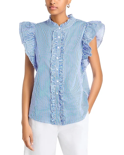 Aqua Stripe Poplin Ruffle Top - Exclusive