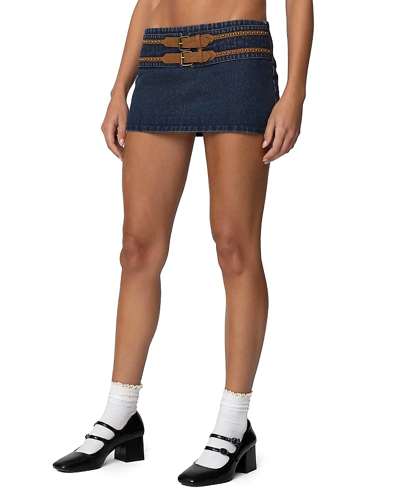 Edikted Sky Double Buckle Denim Mini Skort