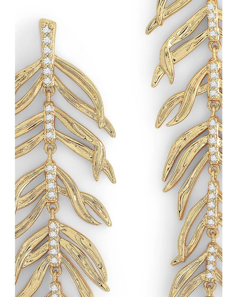 Pavé Palm Leaf Linear Drop Earrings in 18K Gold Plated