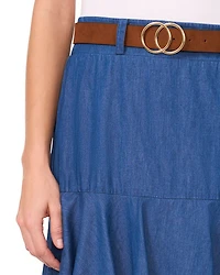 Three Tier Belted Denim Midi Skirt