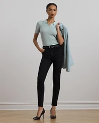 Pointelle Knit Cotton Blend Polo Sweater