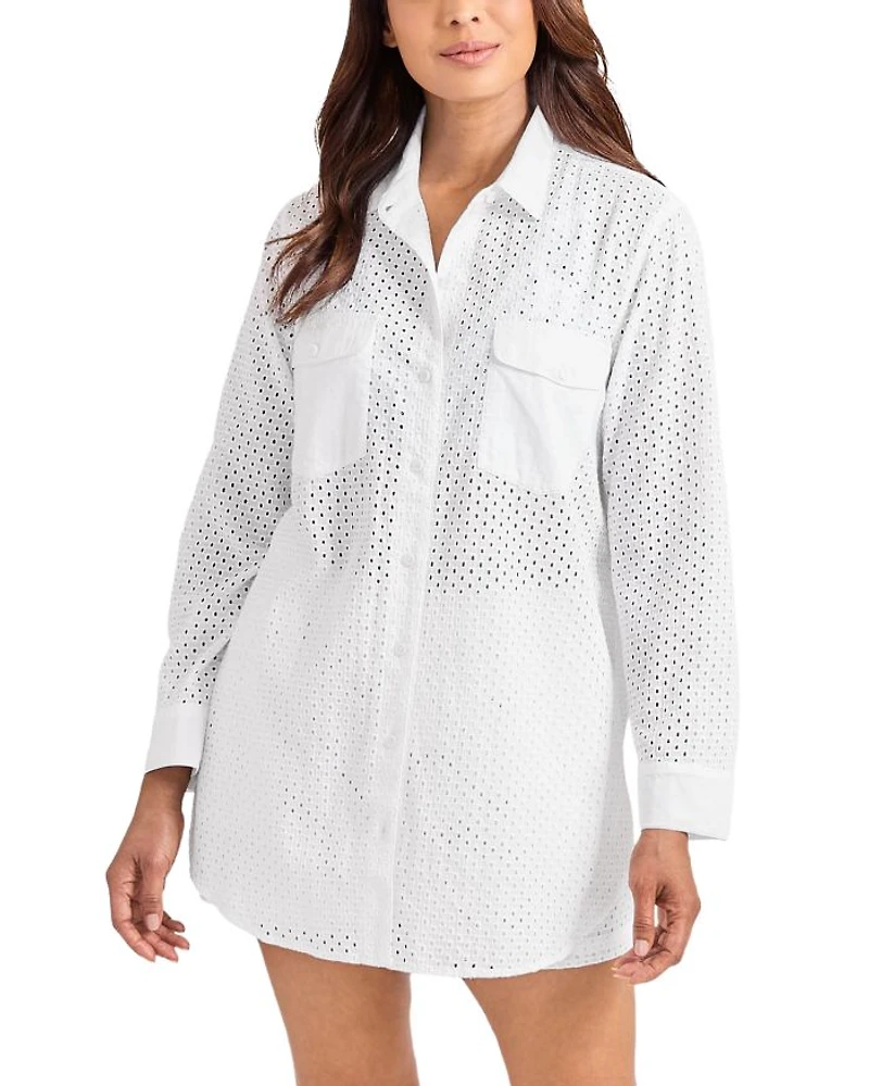 Eyelet Boyfriend Shirt Swim Cover-Up