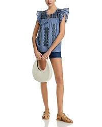 Chambray Embroidered Ruffle Top