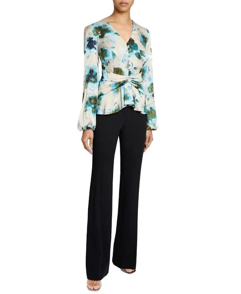 Long Sleeve Blouse with Cinched Waist Abstract Floral Print