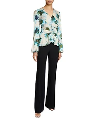 Long Sleeve Blouse with Cinched Waist Abstract Floral Print