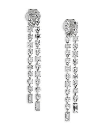 Cubic Zirconia Double Row Linear Drop Earrings in Rhodium Plated